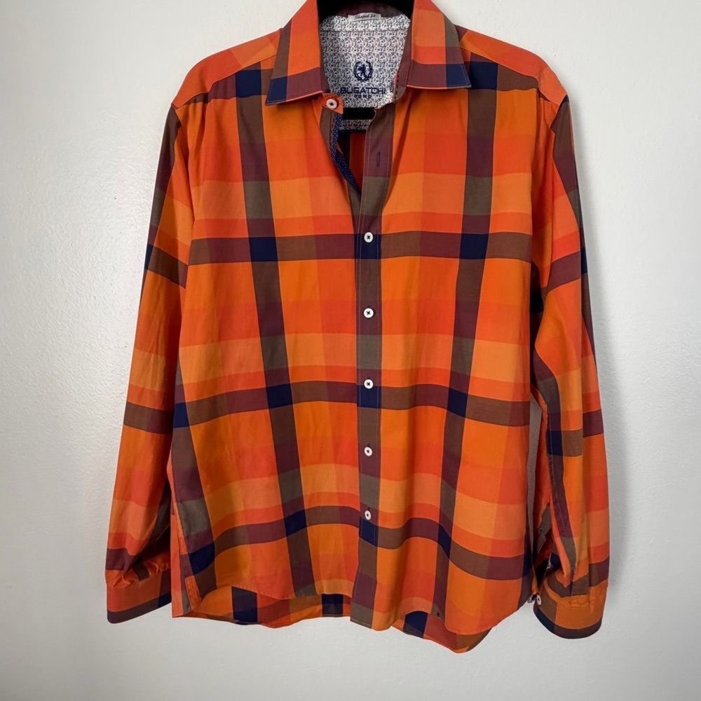 Bugatchi Shirt Shaped Fit Mens Size Medium Orange Plaid Button Up Comfort